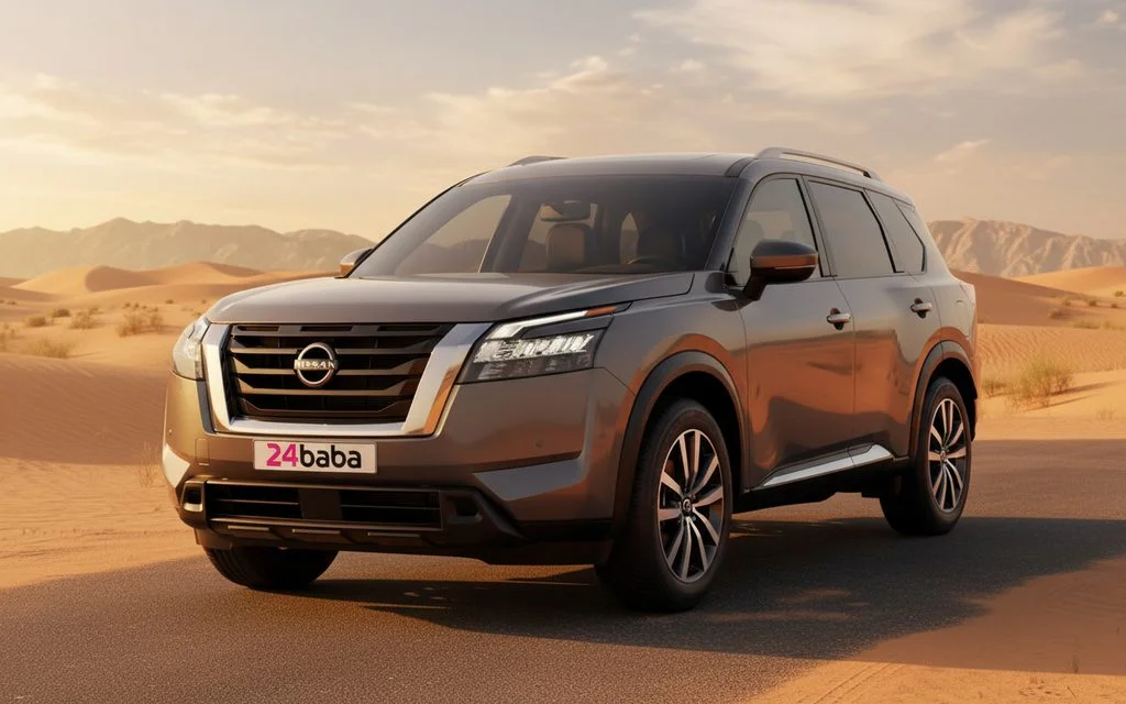Nissan Pathfinder 2022 Grey front view with headlights – rental in Dubai