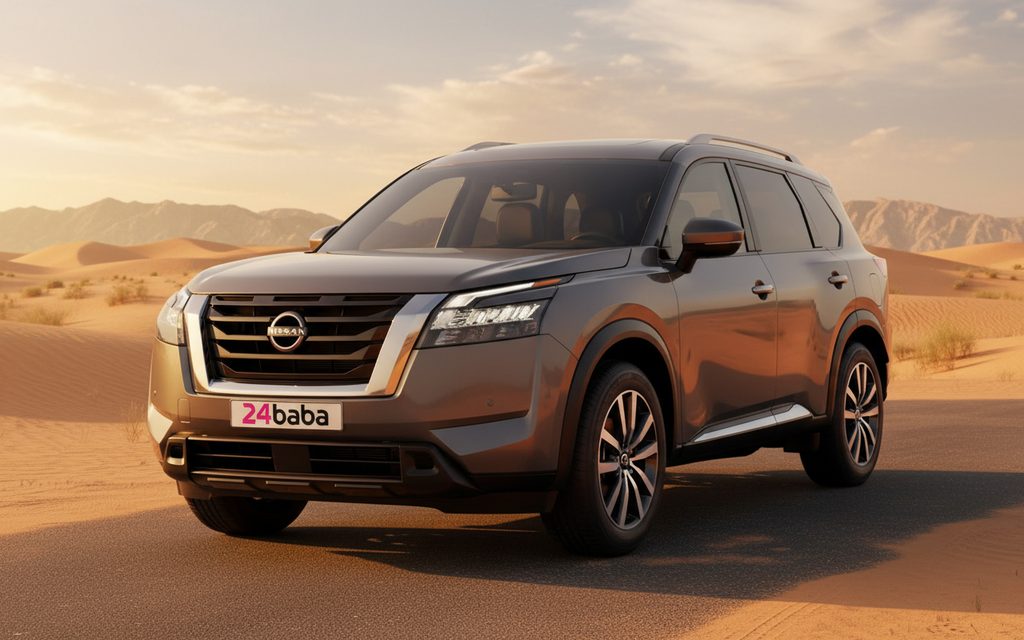 Nissan Pathfinder 2022 Grey front view with headlights – rental in Dubai