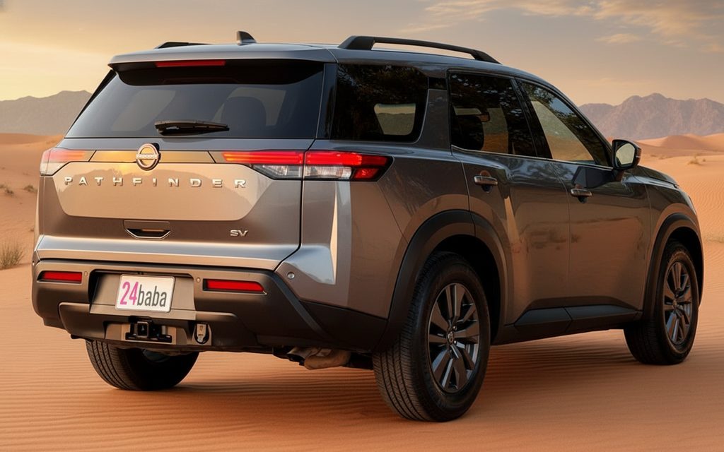 Nissan Pathfinder 2022 Grey rear view showing taillights – rental in Dubai