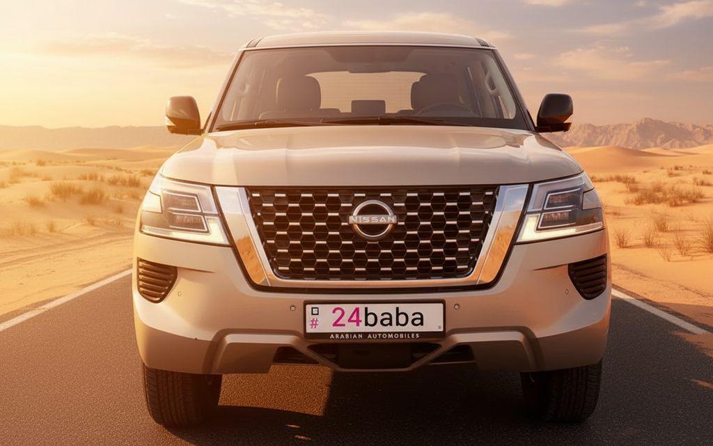 Nissan Patrol 2024 Beige front view with headlights – rental in Dubai