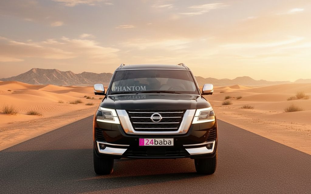 Nissan Patrol 2020 Black front view with headlights – rental in Dubai