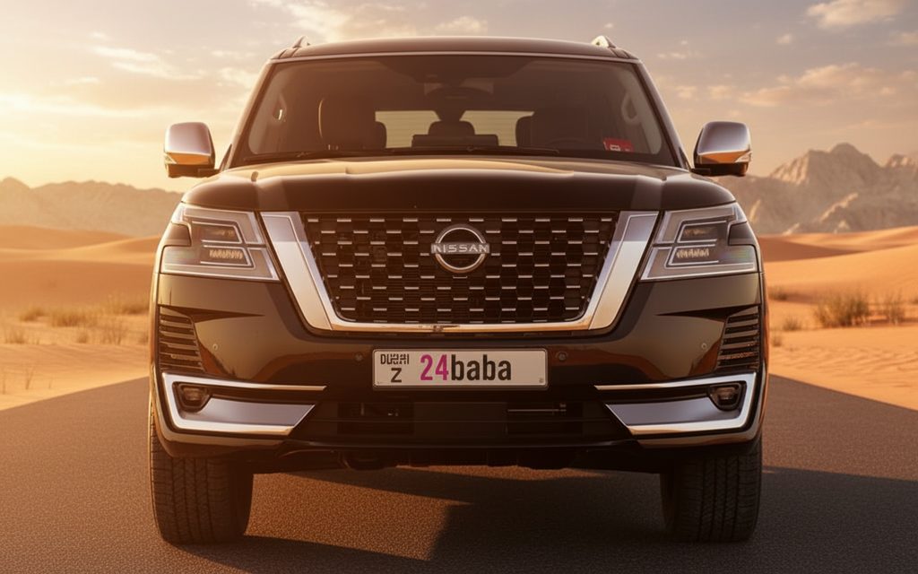 Nissan Patrol 2022 Black front view with headlights – rental in Dubai