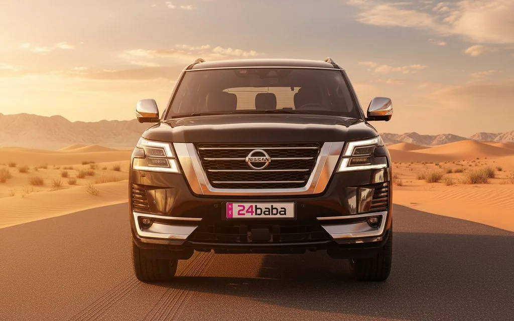 Nissan Patrol 2025 Black front view with headlights – rental in Dubai