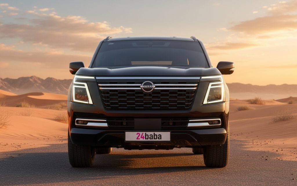 Nissan Patrol 2026 Black front view with headlights – rental in Dubai