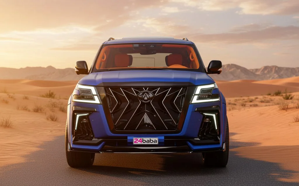 Nissan Patrol 2020 Blue front view with headlights – rental in Dubai