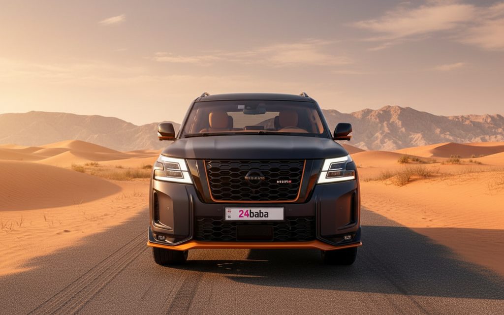 Nissan Patrol 2020 Black front view with headlights – rental in Dubai