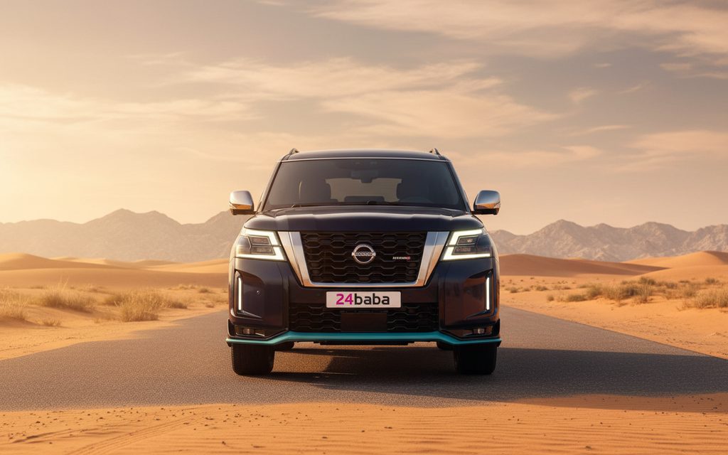 Nissan Patrol 2025 Blue front view with headlights – rental in Dubai