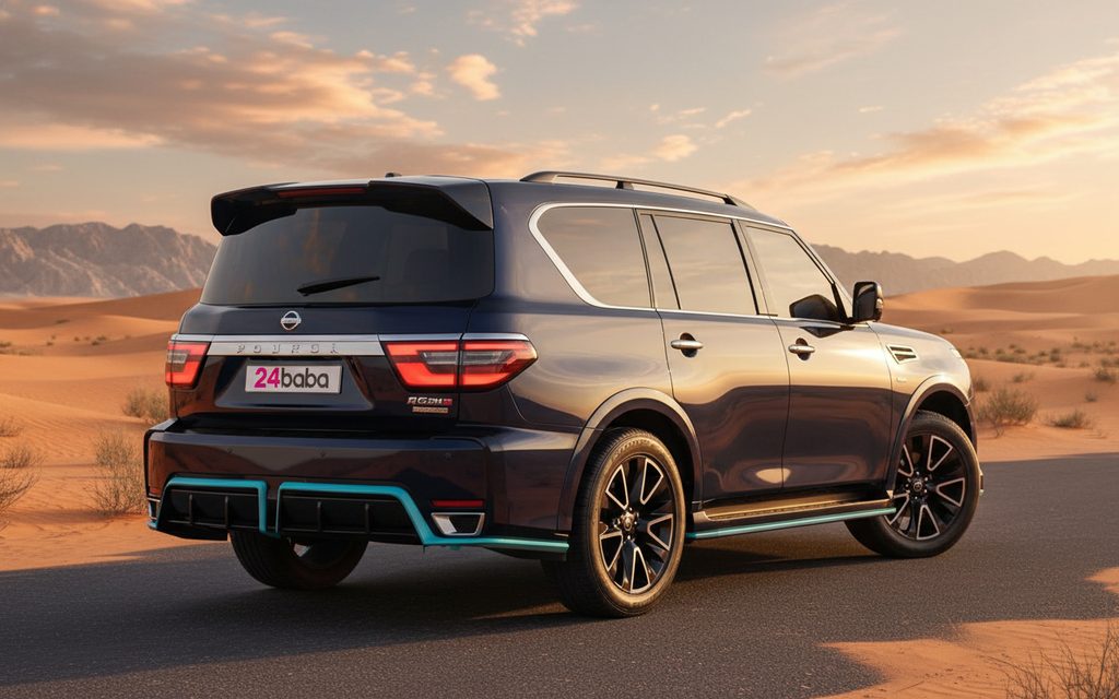 Nissan Patrol 2025 Blue rear view showing taillights – rental in Dubai