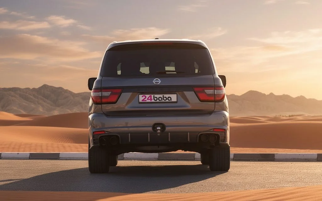 Nissan Patrol 2021 Grey rear view showing taillights – rental in Dubai