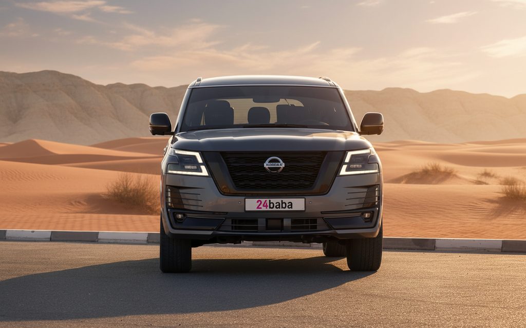 Nissan Patrol 2021 Grey front view with headlights – rental in Dubai
