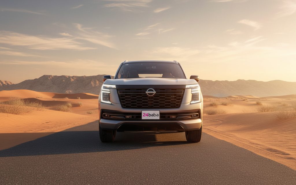 Nissan Patrol 2025 Grey front view with headlights – rental in Dubai