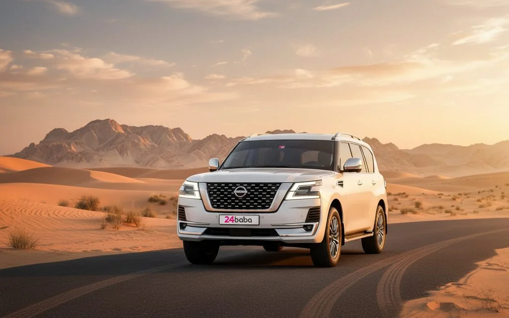 Nissan Patrol 2022 White front view with headlights – rental in Dubai