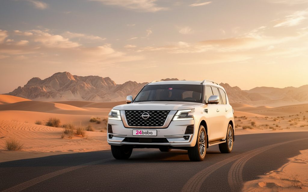 Nissan Patrol 2022 White front view with headlights – rental in Dubai