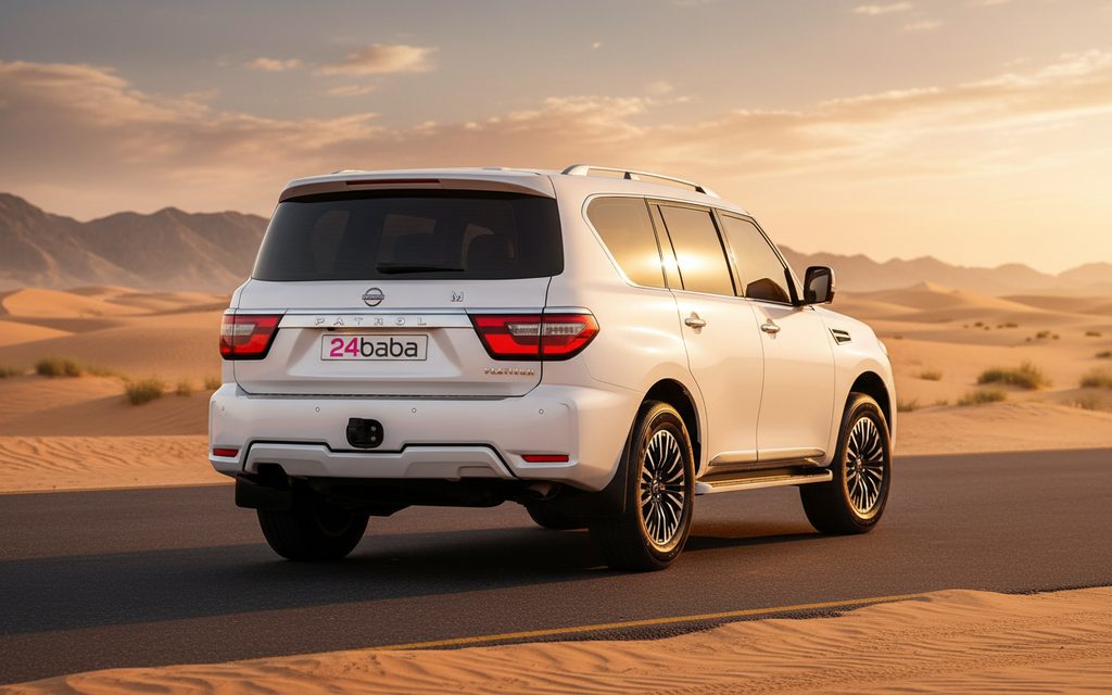 Nissan Patrol 2022 White rear view showing taillights – rental in Dubai