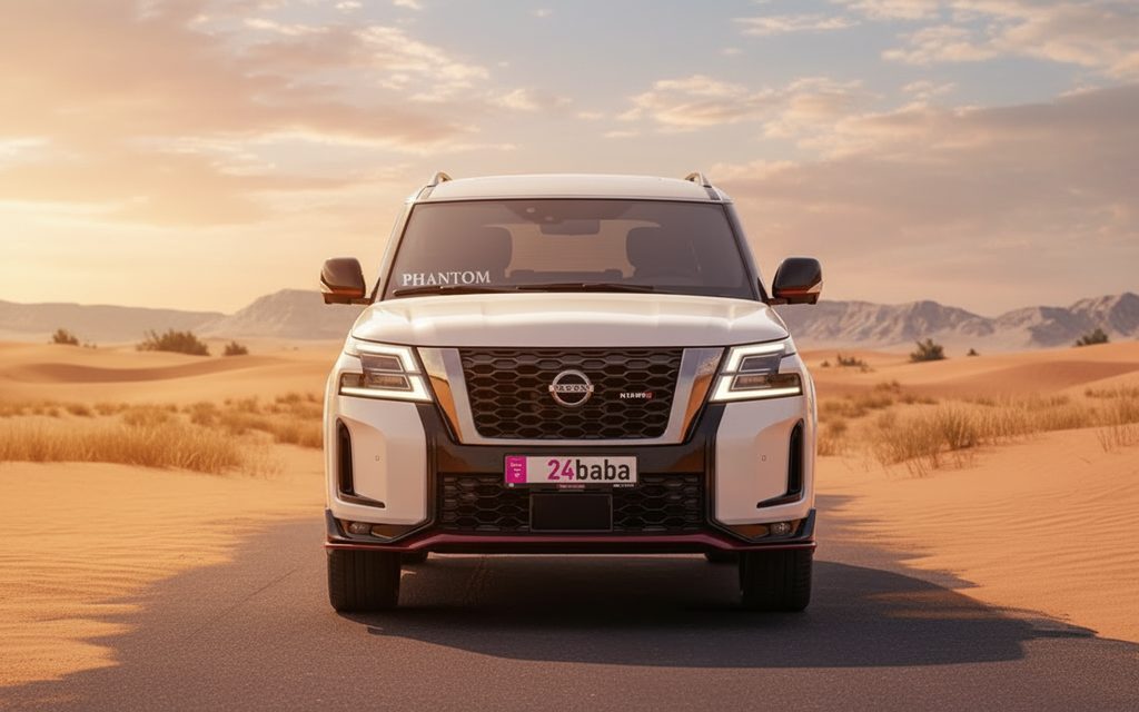 Nissan Patrol 2022 White front view with headlights – rental in Dubai
