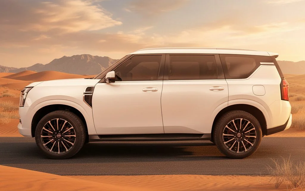 Nissan Patrol 2025 White side profile – rental in Dubai