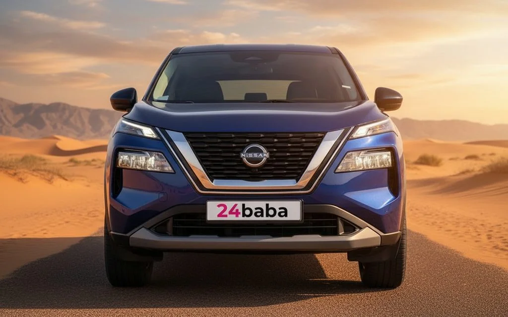 Nissan Rogue 2023 Blue front view with headlights – rental in Dubai