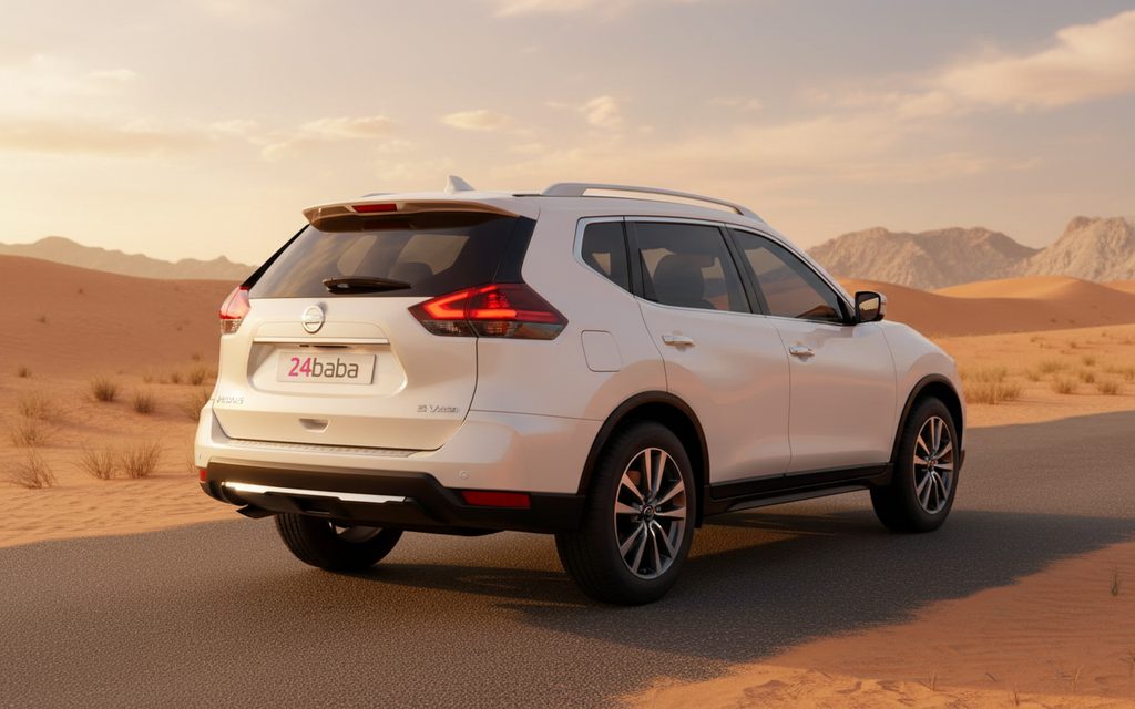 Nissan Rogue 2025 White rear view showing taillights – rental in Dubai