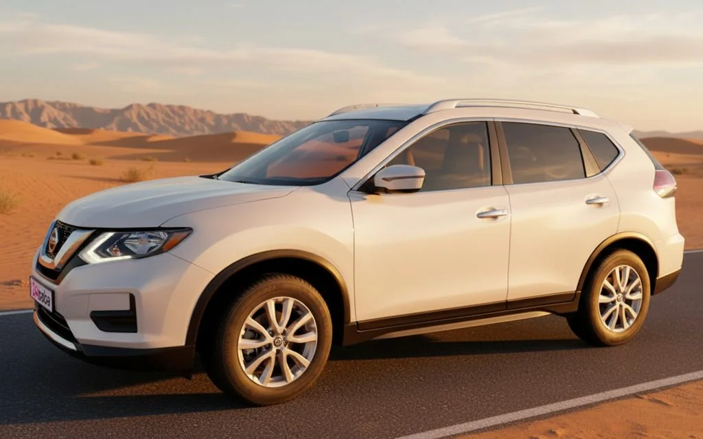 Nissan Rogue 2025 White side profile – rental in Dubai
