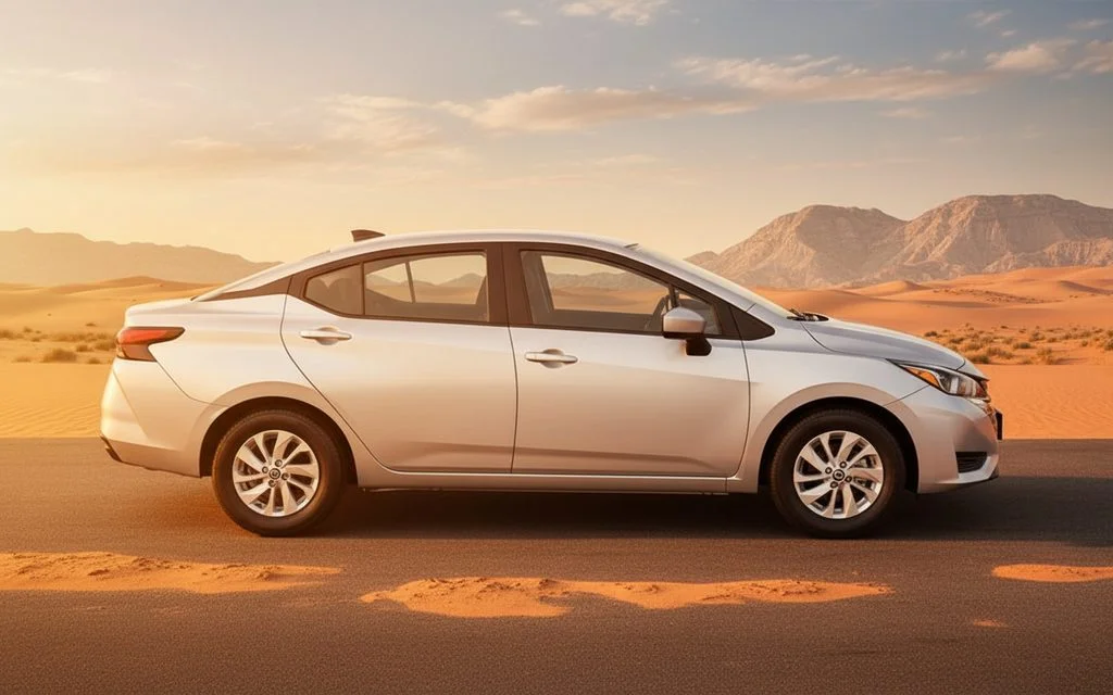 Nissan Sunny 2024 Grey side profile – rental in Dubai