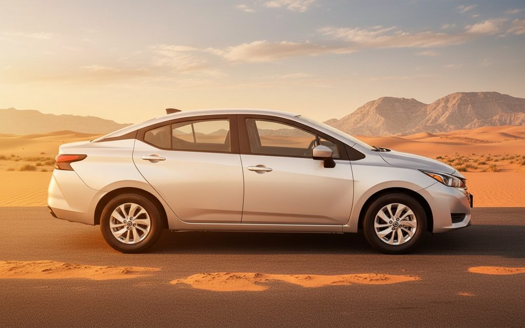 Nissan Sunny 2024 Grey side profile – rental in Dubai