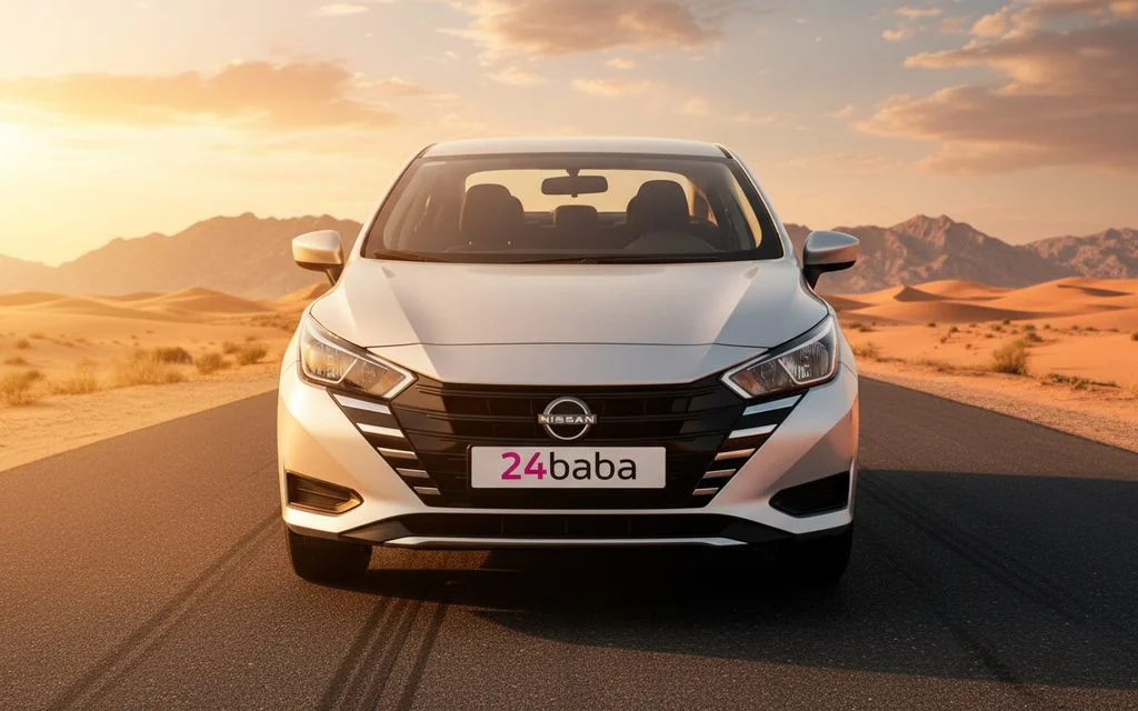 Nissan Sunny 2024 Grey front view with headlights – rental in Dubai