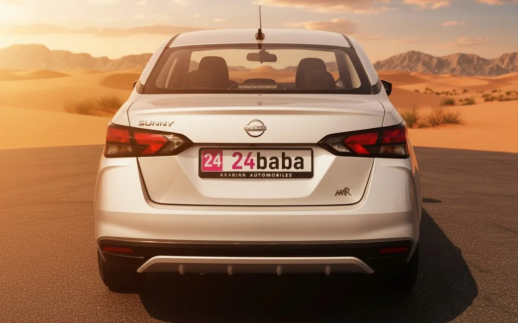 Nissan Sunny 2024 Grey rear view showing taillights – rental in Dubai