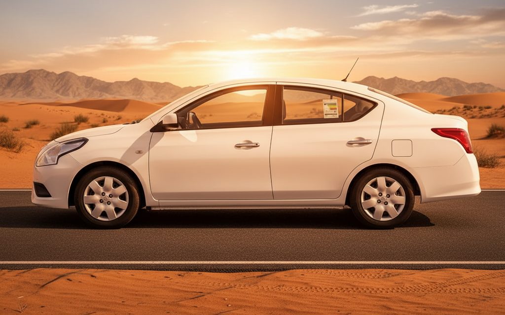 Nissan Sunny 2023 Silver side profile – rental in Dubai