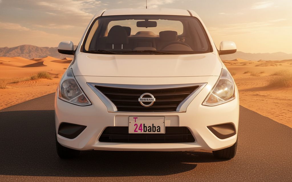 Nissan Sunny 2023 Silver front view with headlights – rental in Dubai