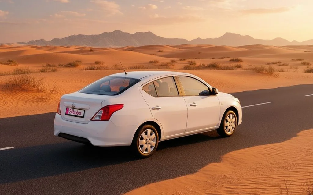 Nissan Sunny 2022 White rear view showing taillights – rental in Dubai