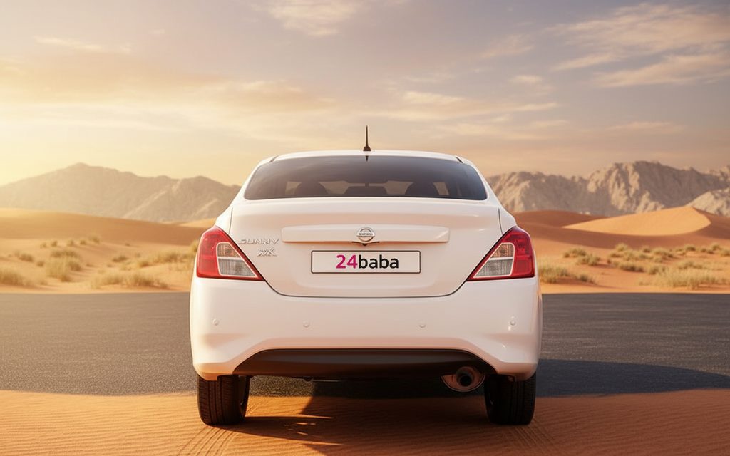 Nissan Sunny 2022 White rear view showing taillights – rental in Dubai