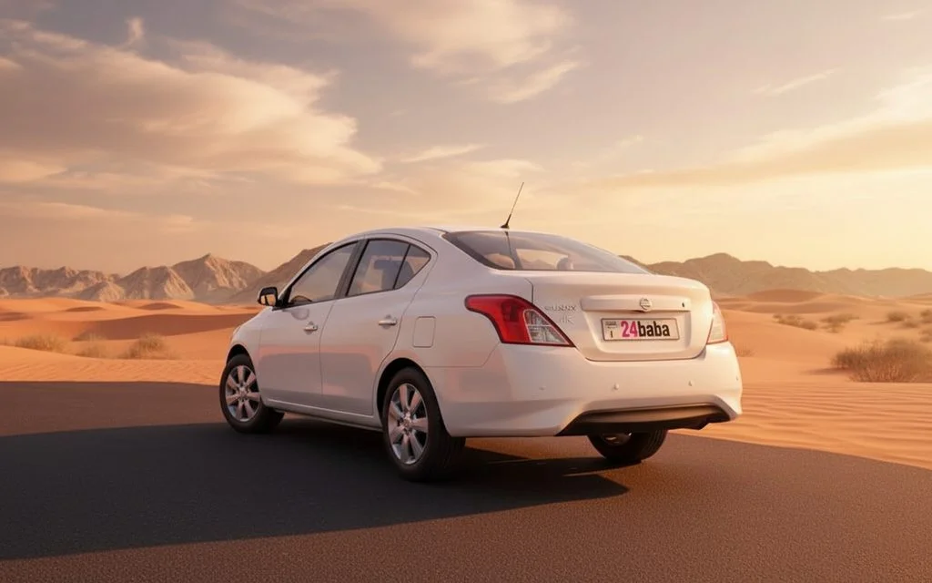 Nissan Sunny 2023 White rear view showing taillights – rental in Dubai