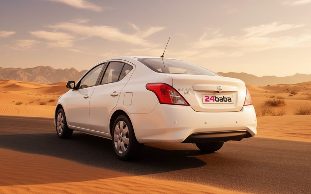 Nissan Sunny 2023 White rear view showing taillights – rental in Dubai