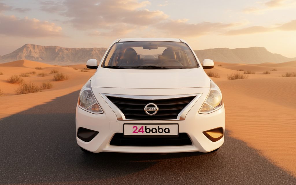 Nissan Sunny 2023 White front view with headlights – rental in Dubai