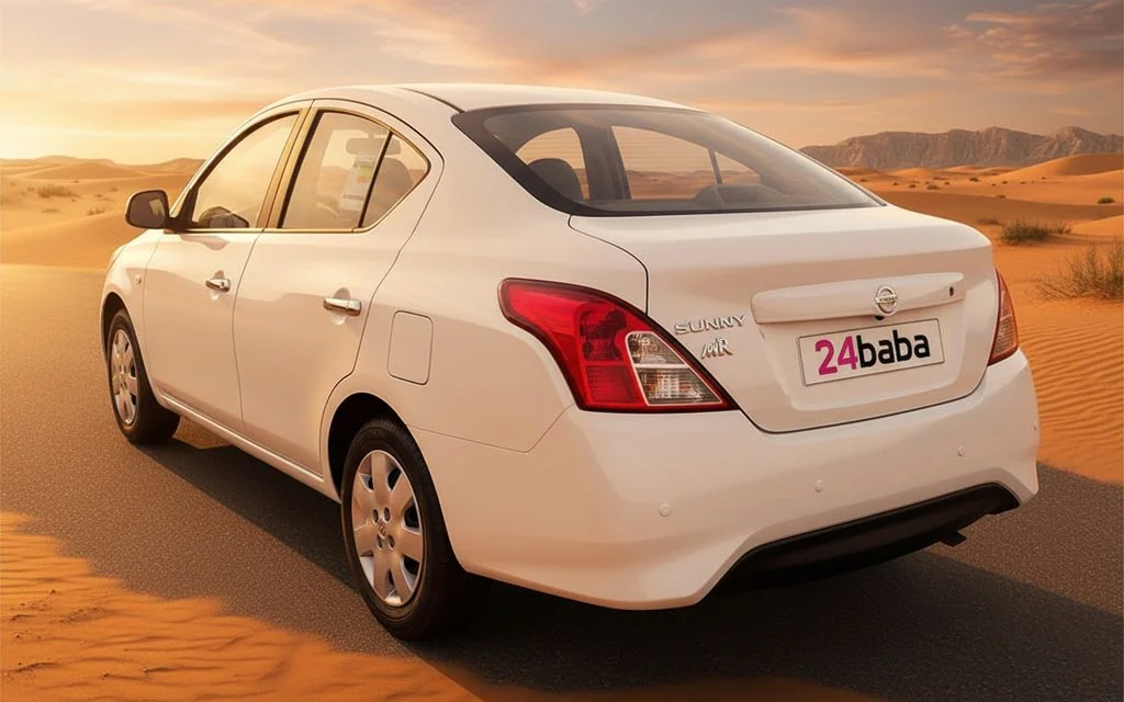 Nissan Sunny 2024 White rear view showing taillights – rental in Dubai