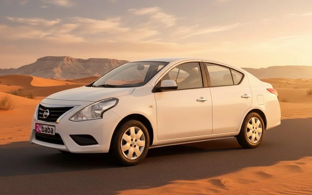 Nissan Sunny 2024 White front view with headlights – rental in Dubai