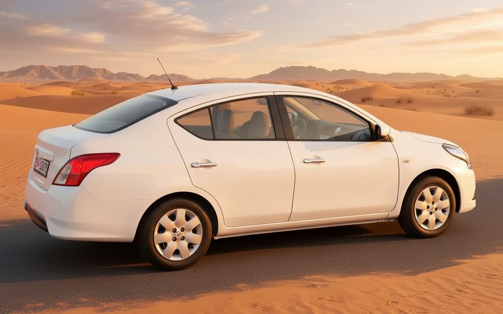 Nissan Sunny 2024 White rear view showing taillights – rental in Dubai