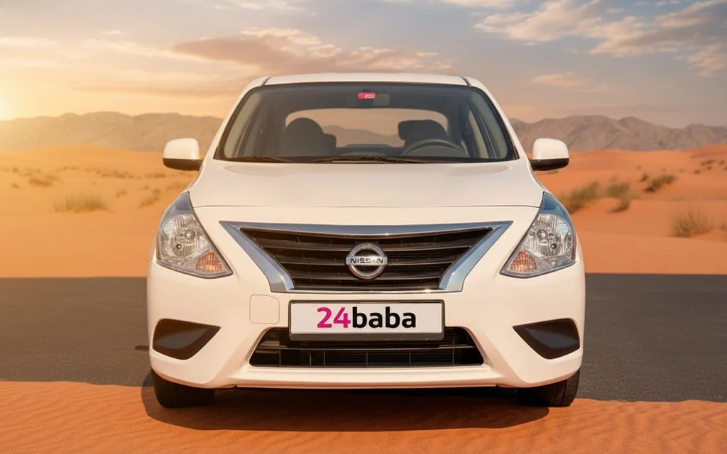 Nissan Sunny 2024 White front view with headlights – rental in Dubai