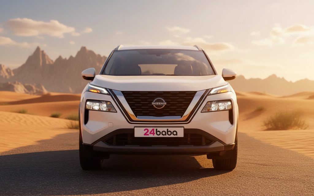 Nissan X Trail 2023 White front view with headlights – rental in Dubai