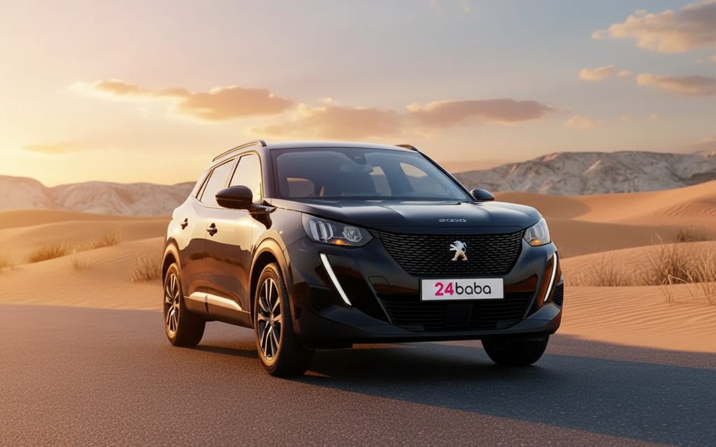 Peugeot 2008 2023 Black front view with headlights – rental in Dubai