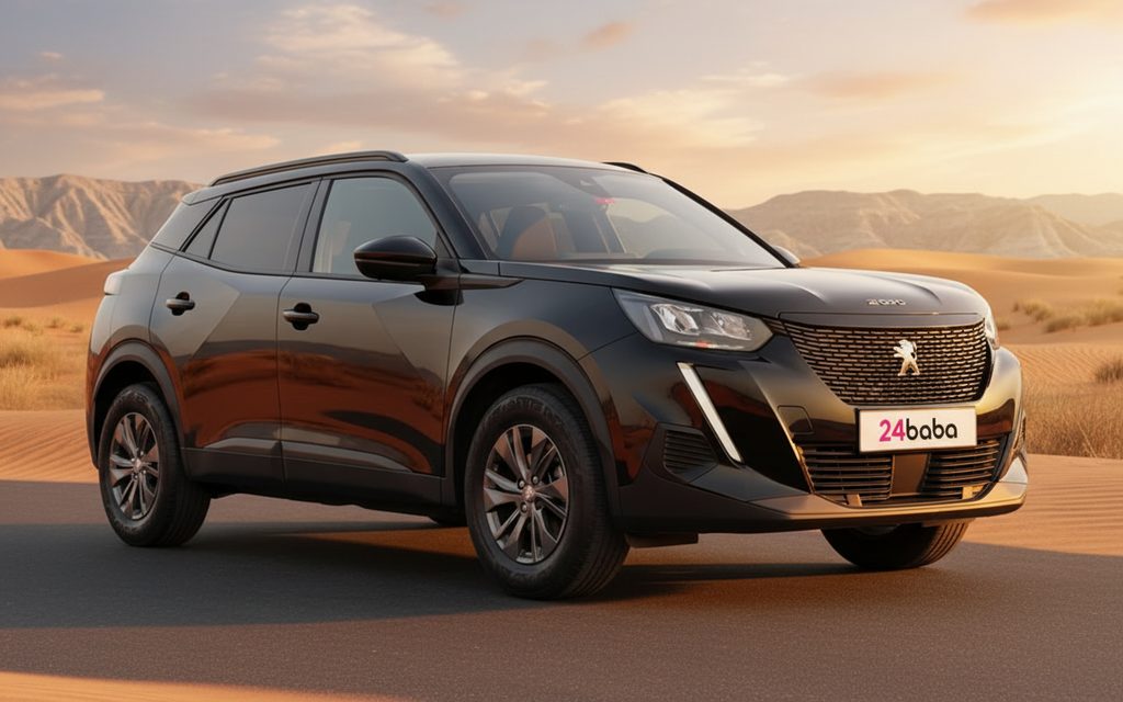 Peugeot 2008 2023 Black front view with headlights – rental in Dubai