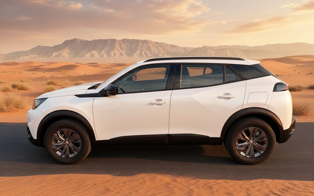 Peugeot 2008 2023 White side profile – rental in Dubai