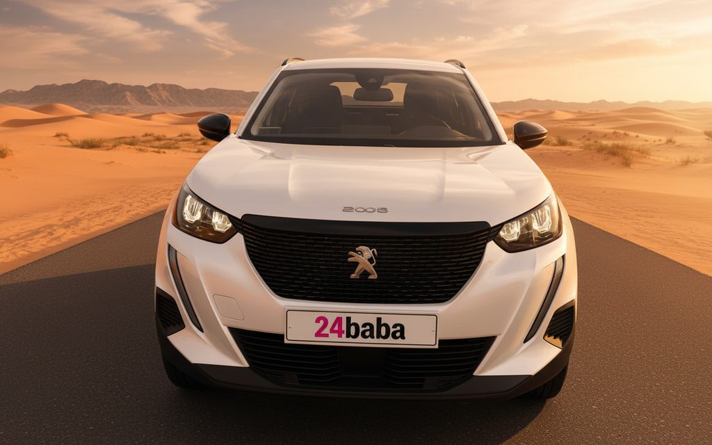 Peugeot 2008 2023 White front view with headlights – rental in Dubai