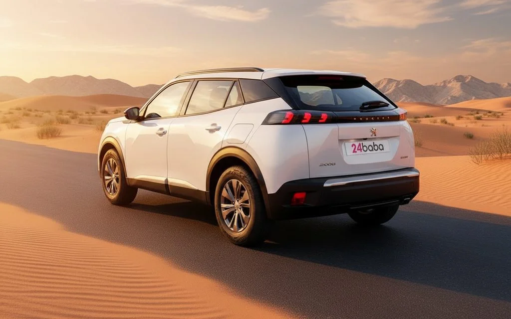 Peugeot 2008 2023 White rear view showing taillights – rental in Dubai