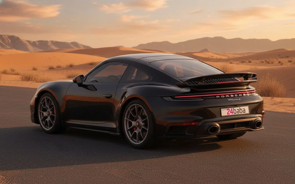 Porsche 911 2022 Black rear view showing taillights – rental in Dubai
