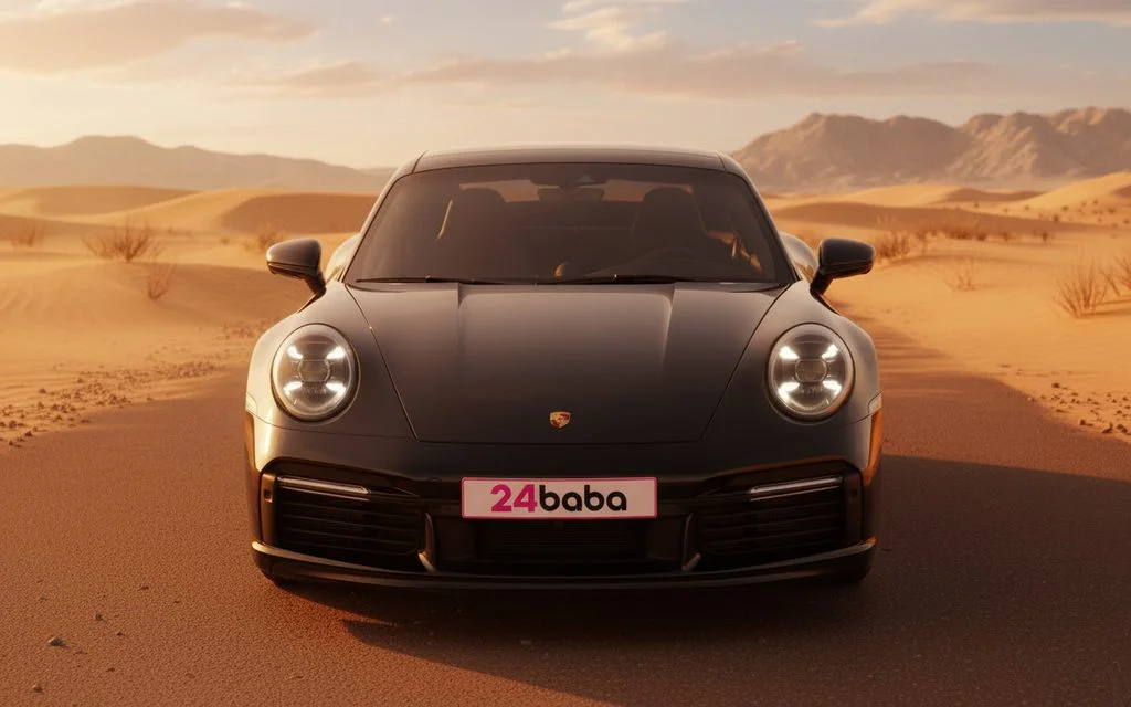 Porsche 911 2022 Black front view with headlights – rental in Dubai