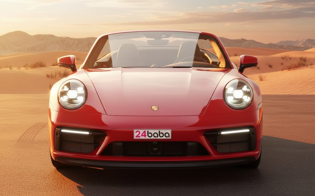 Porsche 911 2023 Red front view with headlights – rental in Dubai