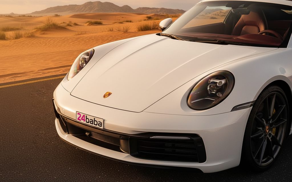 Porsche 911 2021 White front view with headlights – rental in Dubai