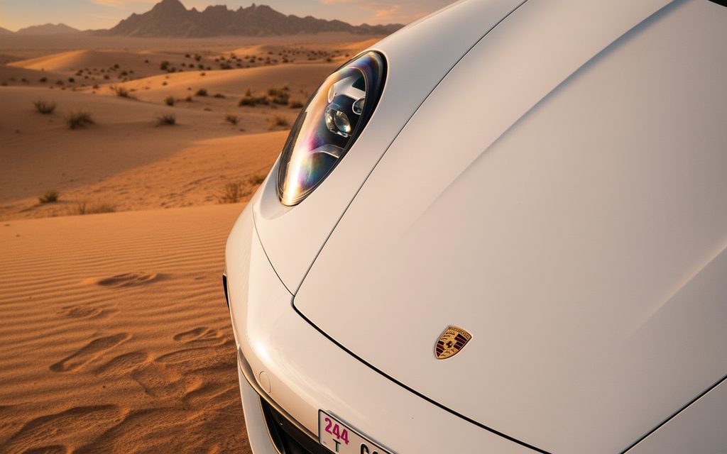 Porsche 911 2021 White front view with headlights – rental in Dubai