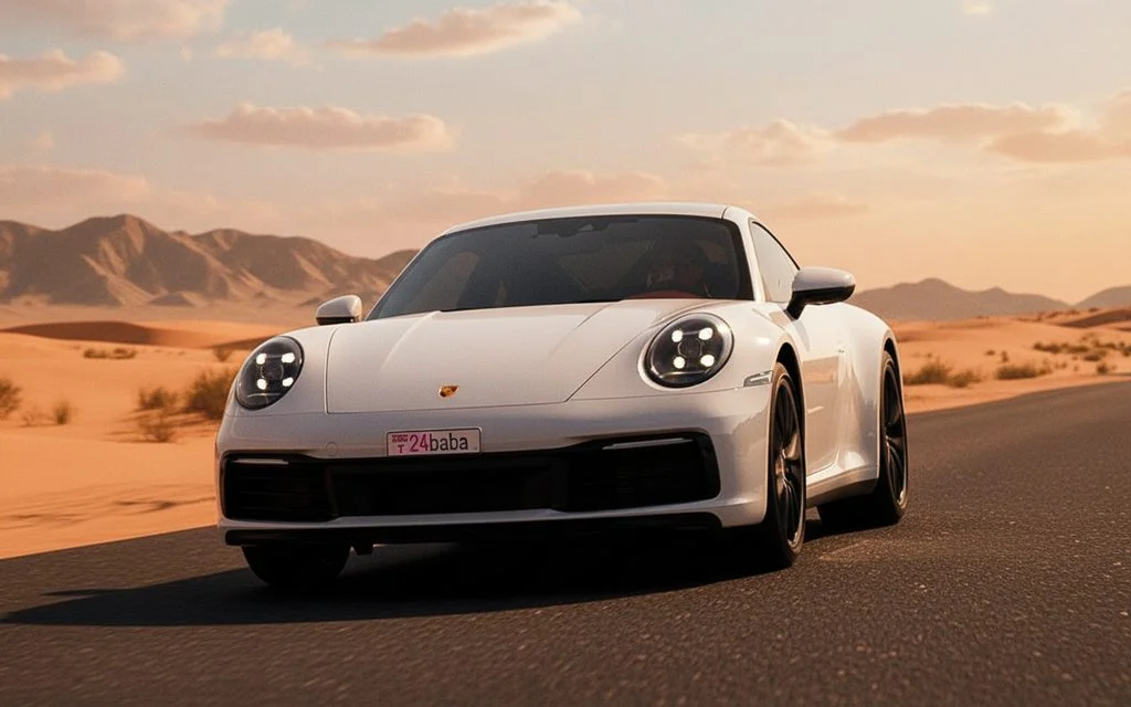 Porsche 911 2021 White front view with headlights – rental in Dubai